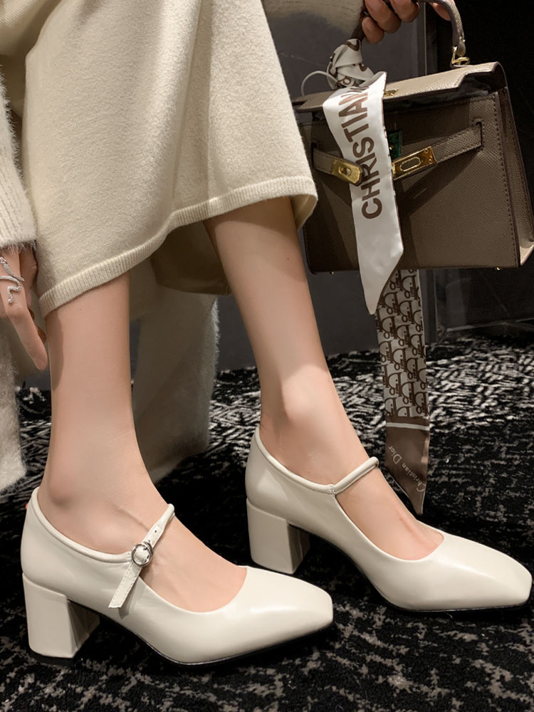 玛丽珍鞋赫本风粗跟简约羊皮