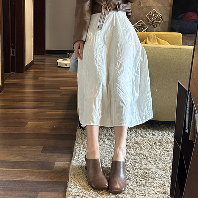 水洗马皮方头粗跟包头半拖鞋女