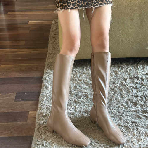 显腿长骑士靴平底骑士靴头层牛皮