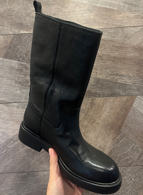 欧洲头层水洗牛皮真皮复古厚底中筒靴宽筒骑士靴直筒英伦靴子真皮