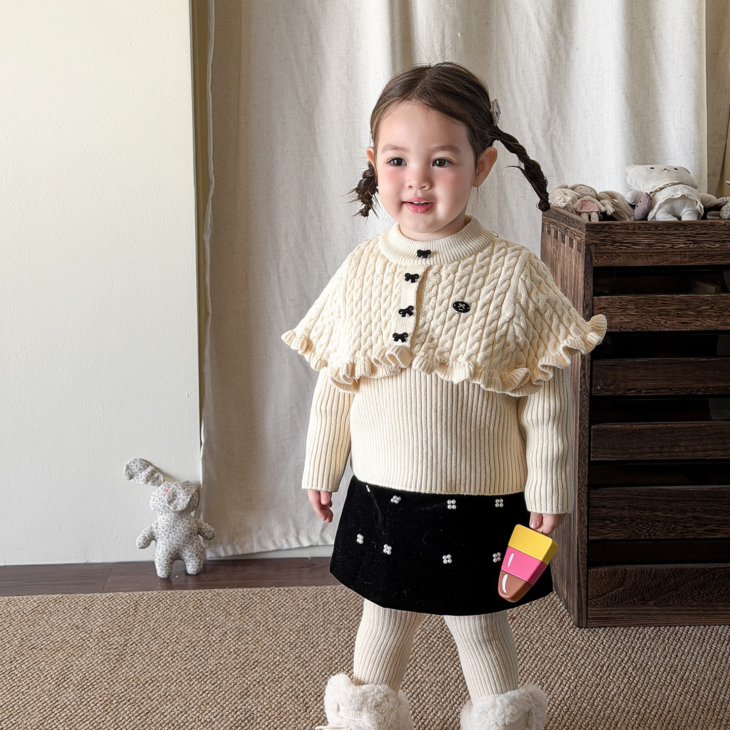 韩版童装女童套装加厚儿童衣服假两件披肩斗篷毛衣半身裙女宝冬装