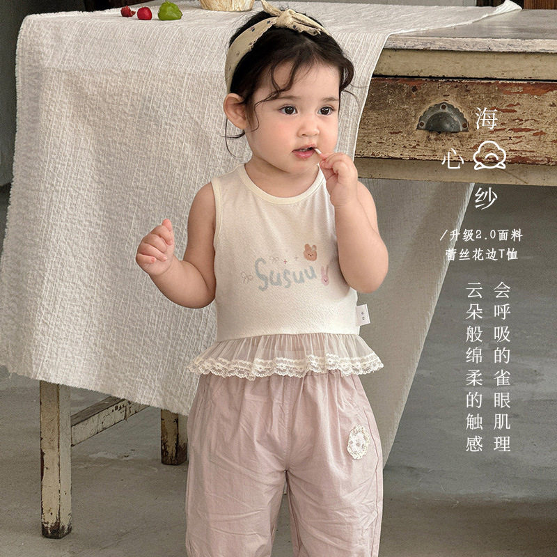 女宝夏季无袖卡通蕾丝T恤A类