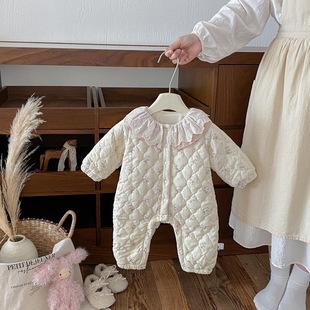 韩版冬季新款婴幼儿绗棉加绒加厚连体衣女宝宝提花翻领碎花长爬服