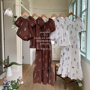 韩版 夏新款 亲子母女装婴童洋气刺绣花爬服女宝宝泡泡袖连衣裙