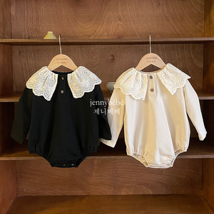 韩版INS童装 春秋新品 女宝宝蕾丝大翻领长袖三角爬服 幼儿连身衣