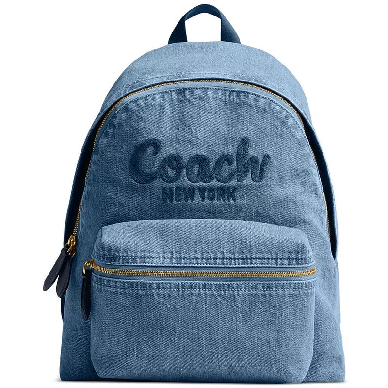 COACH/蔻驰经典牛仔中号背包百搭休闲女士包真皮拼接多功能电脑包