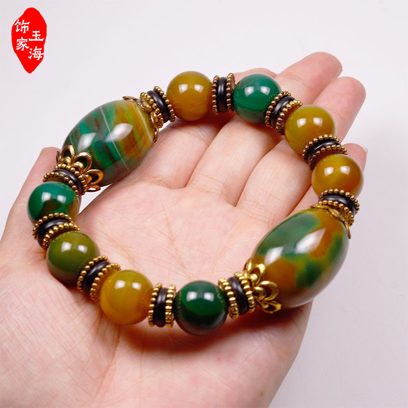 天珠手串天然玉石黄玛瑙玉髓男女玉珠手链西藏真品文玩佛珠天眼