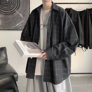 春秋季长袖格子衬衫男港风潮流宽松休闲衬衣韩版帅气百搭学生外套