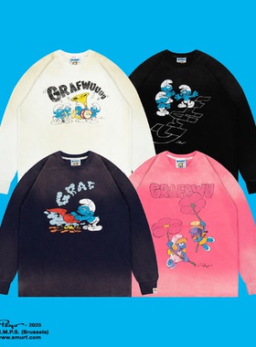 GRAF X SMURF【蓝精灵联名】洗旧褪色破坏乐队篝火跳房子重工长袖