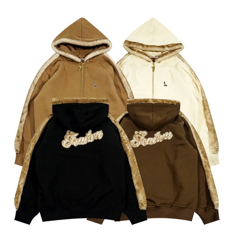 GRAF&WU皮草拼接加绒卫衣