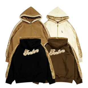 GRAF原创品牌人造皮草拼接美式字母直拉美式厚绒开衫帽衫卫衣外套