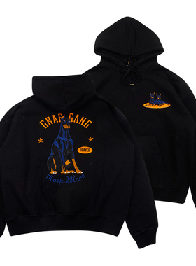 GRAF原创品牌黑色经典忠诚杜宾犬秋冬前后刺绣加绒连帽美式卫衣