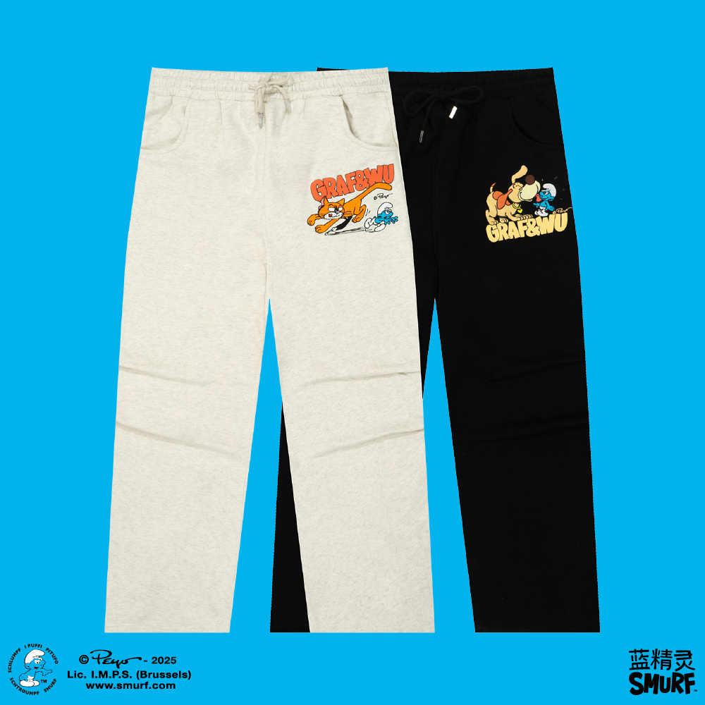 GRAF X SMURF【蓝精灵联名】猫咪和狗狗追逐毛线刺绣舒适加绒长裤