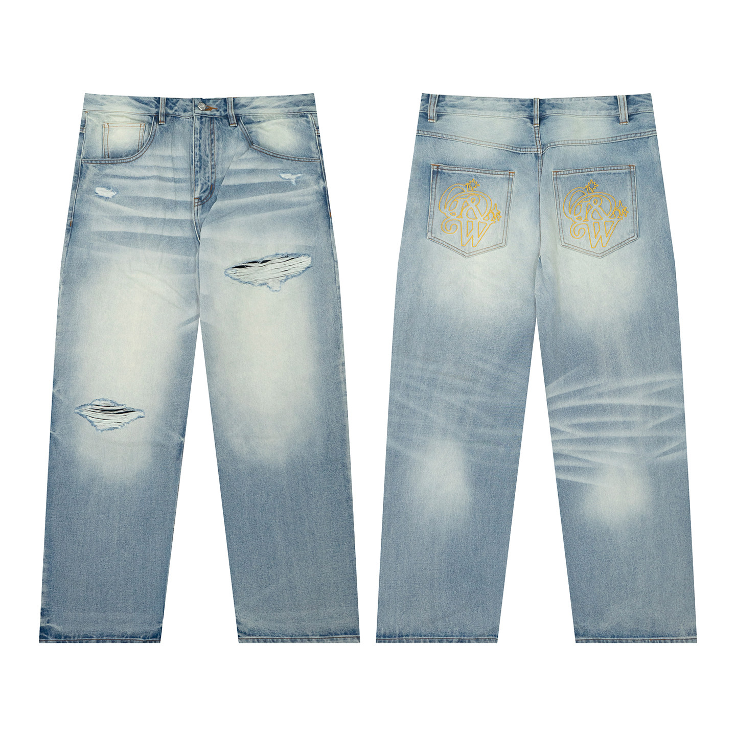 GRAF原创品牌【TheRemix】面料混音系列GW星星刺绣水洗蓝破洞长裤