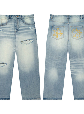 GRAF原创品牌【TheRemix】面料混音系列GW星星刺绣水洗蓝破洞长裤