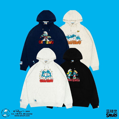 GRAF X SMURF【蓝精灵联名】跳舞星星花朵多刺绣美式卡通加绒帽衫