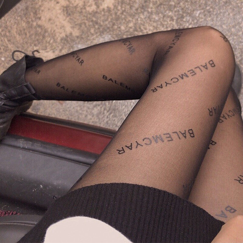 黑丝袜女薄款任意剪连裤袜防勾丝网红巴黎字母蝴蝶网红图案丝袜