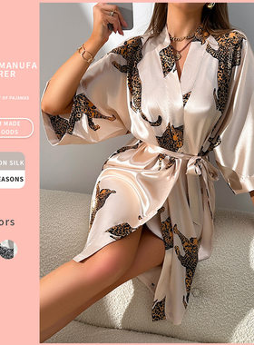 丹尼林跨境性感休闲家居服简约时尚开衫系带浴袍女仿真丝睡袍睡衣