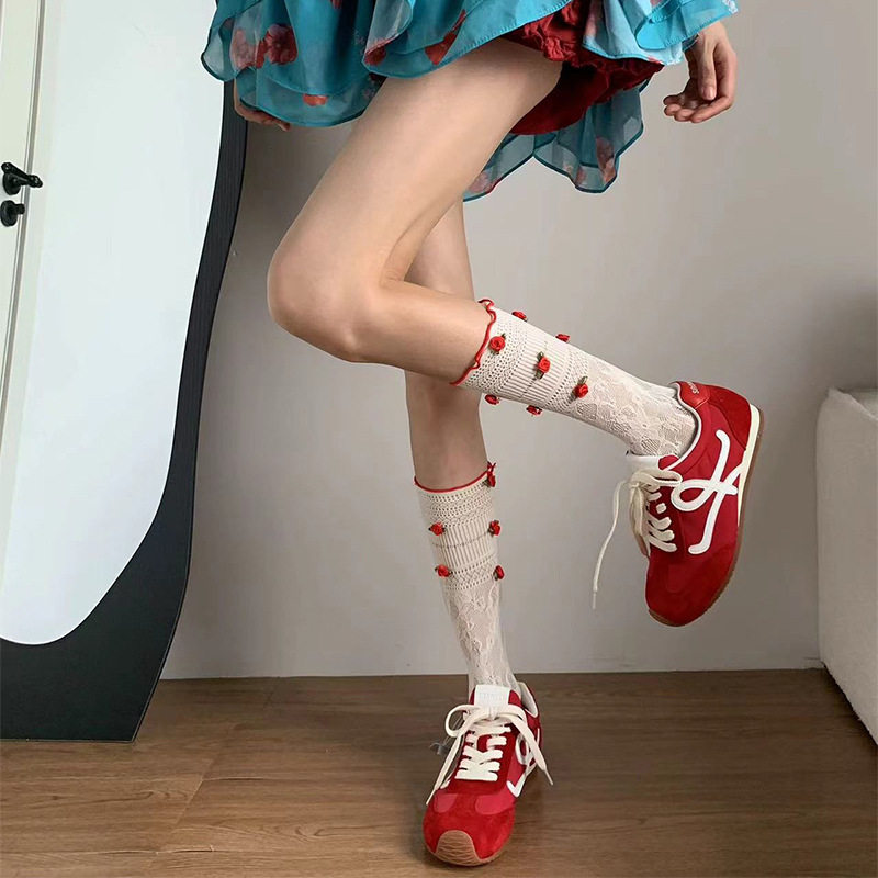 中筒袜法式玫瑰蕾丝春夏薄款日系少女花朵镂空小腿袜jk复古堆堆袜
