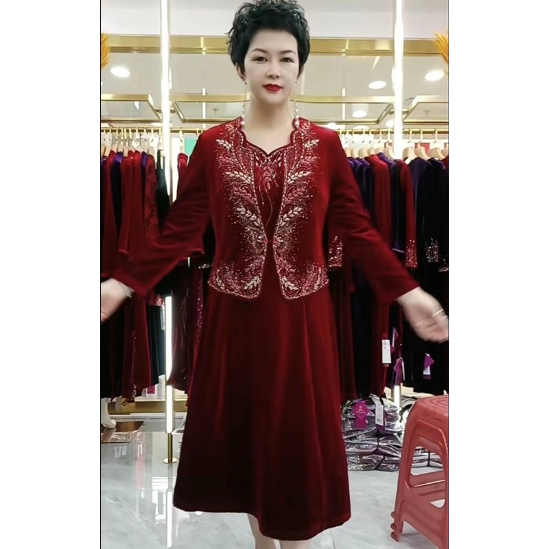 2023秋季新款婚礼婚宴气质高端金丝绒手工烫钻两件套礼服连衣裙女