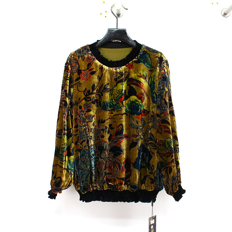 2023秋季新款时尚洋气木耳领加肥加大妈妈装桑蚕丝植绒提花打底衫