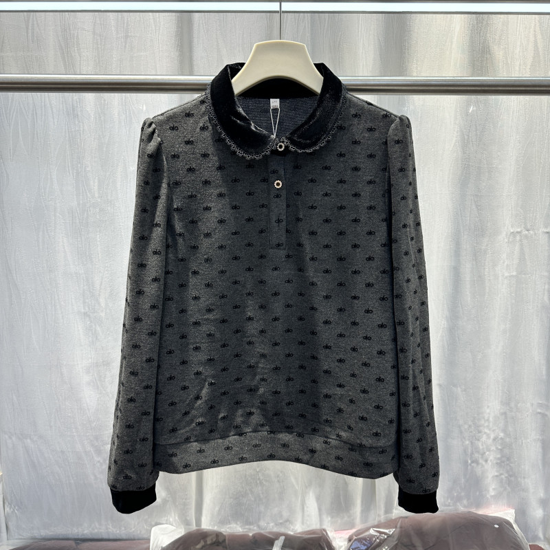 冬季丝绒拼接小翻领减龄打底衫女