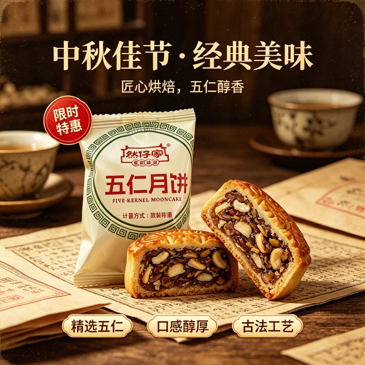老式酥皮五仁青红丝中秋月饼