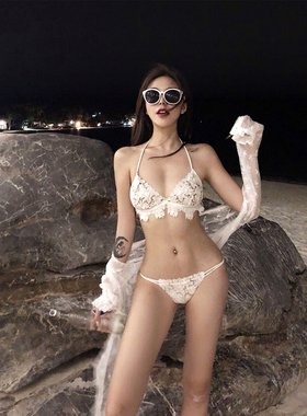 小红书欧美网红ins度假性感白色蕾丝罩衫三点式比基尼分体泳衣女