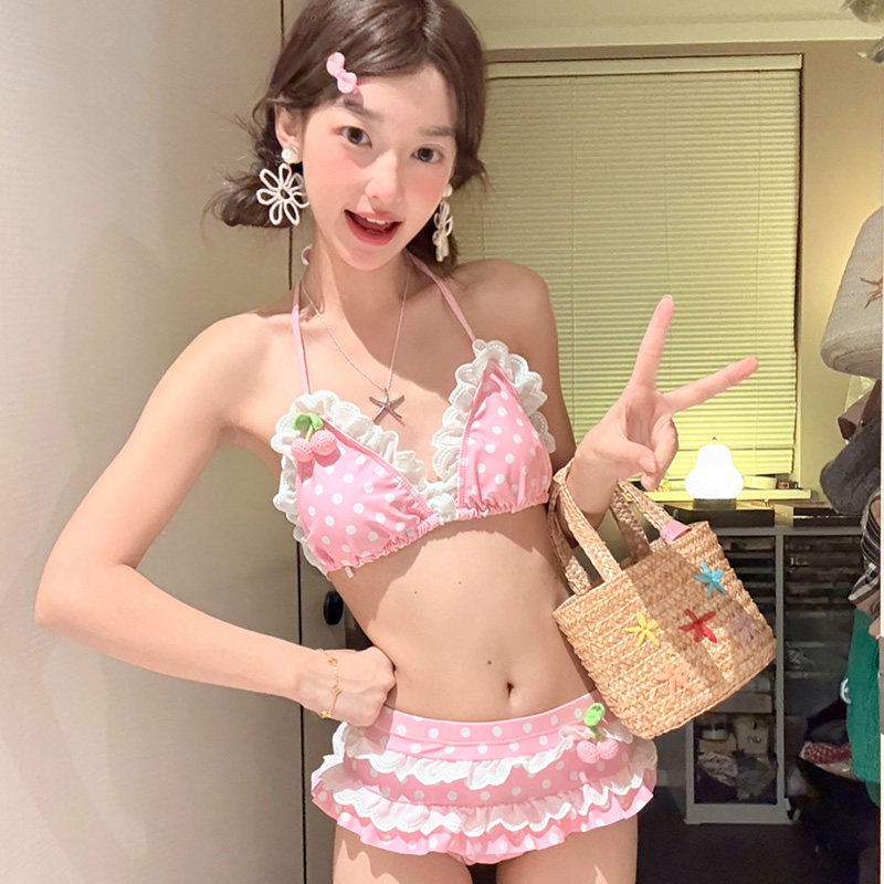 日系甜美少女纯欲性感樱桃比基尼小胸分体绑带长袖罩衫三件套泳衣