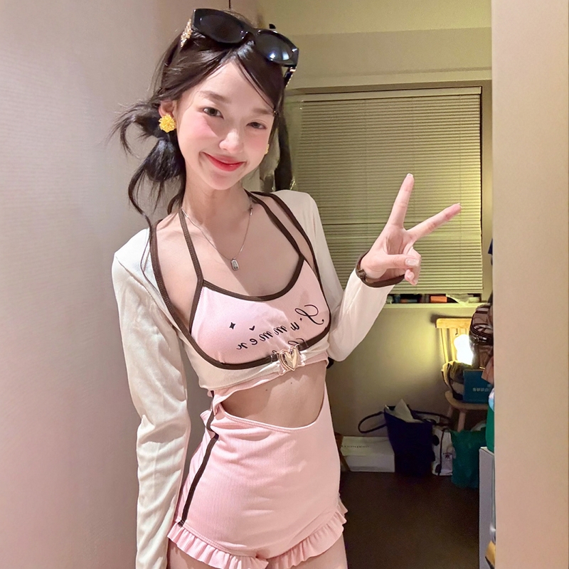 日系少女甜美粉色连体镂空性感纯欲风长袖罩衫两件套温泉度假泳衣