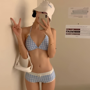 韩系清新格子少女蝴蝶结比基尼平角小胸分体绑带性感温泉度假泳衣