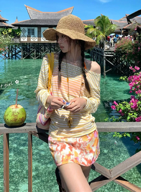 多巴胺甜美少女短裙比基尼四件套小胸分体长袖罩衫海边度假风泳衣