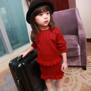 女童毛衣裙子两件套装 套裙 秋冬季 儿童红色拜年服洋气女宝宝针织衫