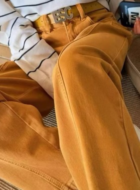 南瓜橙色牛仔松弛感弯刀拖地裤女2026早春新款高腰宽松阔腿长裤潮