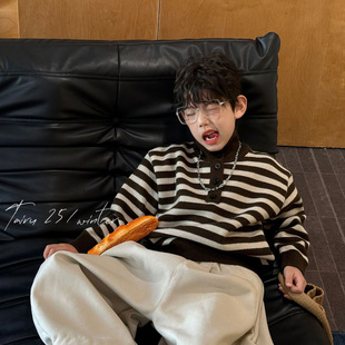 番薯弟弟 2025冬季韩版男童条纹加绒加厚保暖高领毛衣儿童上衣潮