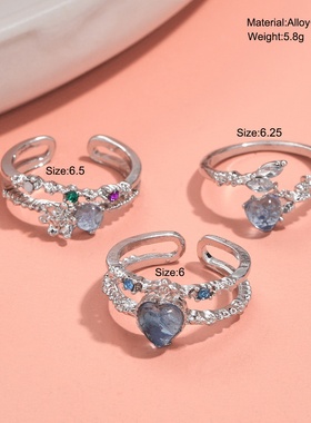 跨境外贸欧美风走创意夸张个性时尚跨境海蓝爱心月光锆石开口戒指