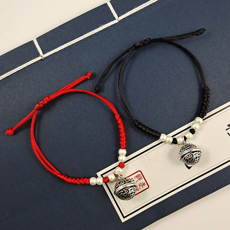 会响铃铛情侣手链男女学生韩版复古黑绳红绳手链编织纯手工脚链