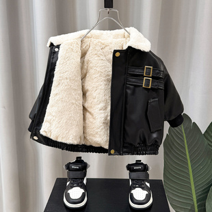 男童加绒皮衣外套秋冬2025新款 皮夹克儿童加厚衣服潮 帅气宝宝冬装