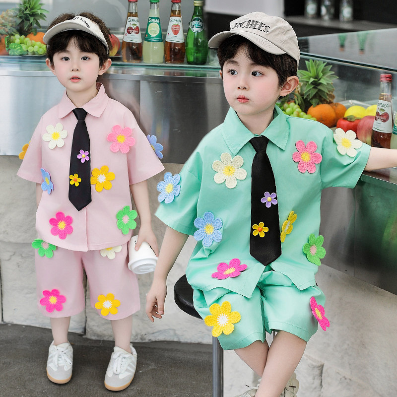 男童夏装套装2026新款男孩夏季洋气短袖衬衫小儿童潮酷帅气表演服