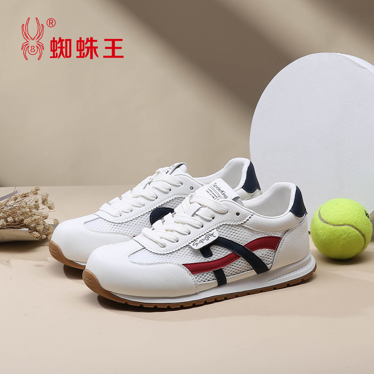 蜘蛛王德训鞋女圆头2026夏季透气白色休闲运动鞋百搭拼色软底板鞋