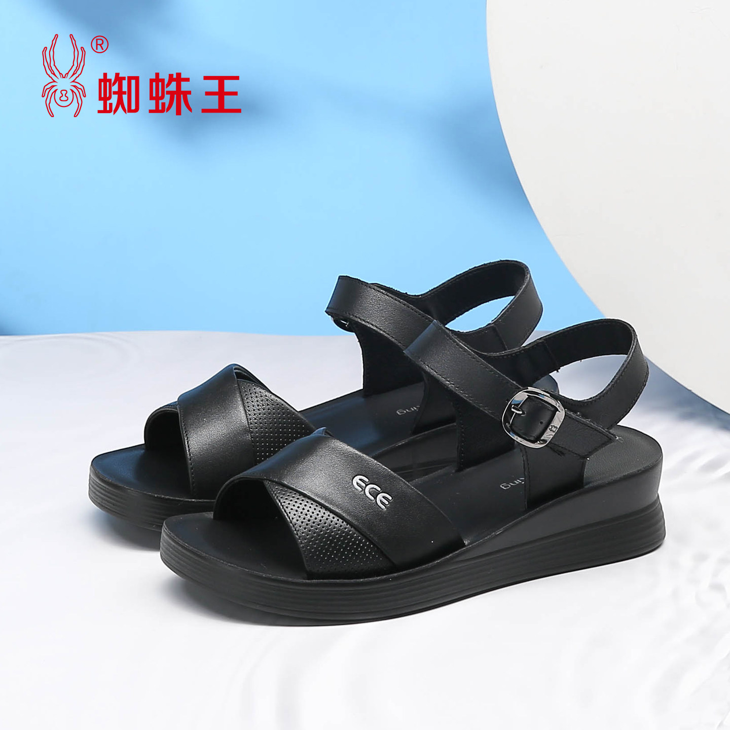 蜘蛛王妈妈凉鞋女2026夏季真皮软底中老年鞋子外穿坡跟魔术贴凉鞋