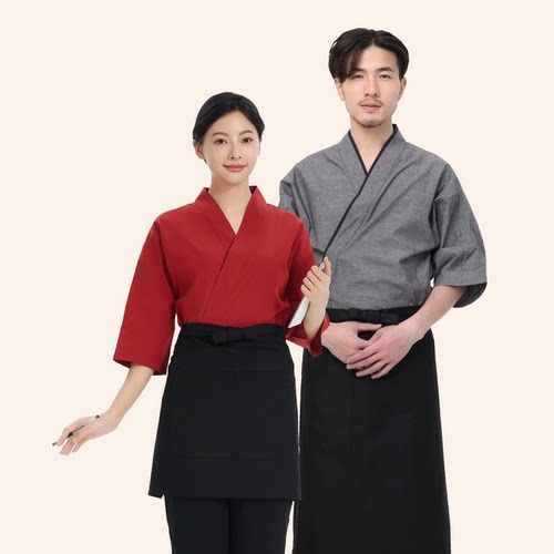 日式和服牛津纺厨师服竹节灰