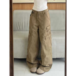 潮牌美式复古多口袋工装裤宽松阔腿直筒裤百搭休闲长裤男女同款
