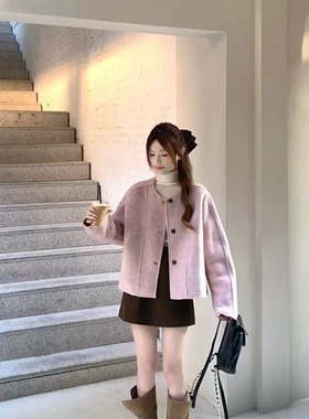 衣蒲公英粉圆领短款呢子外套咖色呢子半裙包臀短裙半身裙