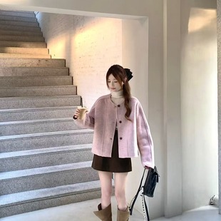 衣蒲公英粉圆领短款呢子外套咖色呢子半裙包臀短裙半身裙