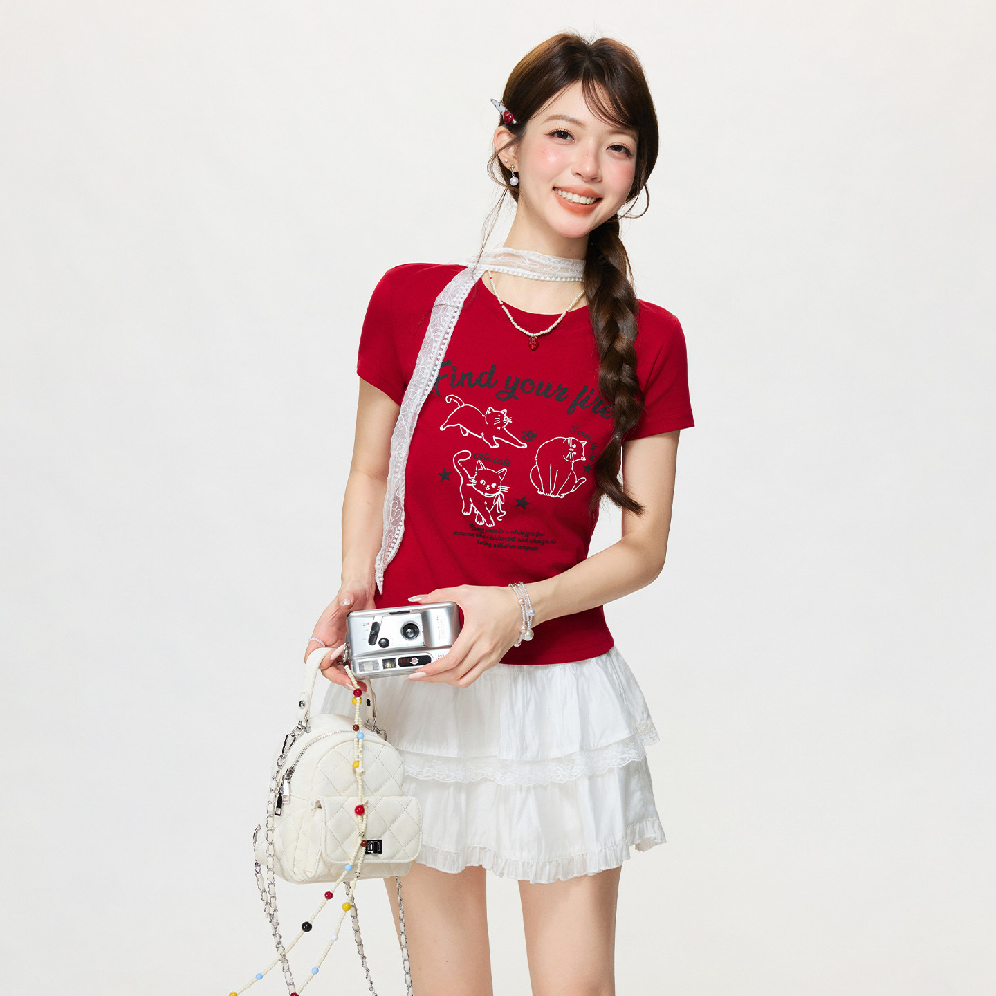 猫咪印花正肩短袖t恤女短裙两件套春季2026新款修身设计感上衣