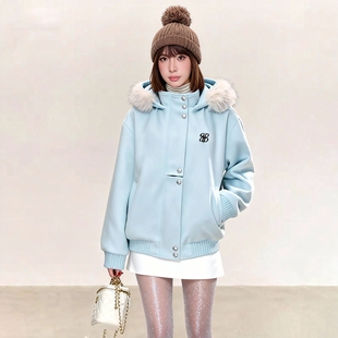 甜美可爱风蓝色连帽立领毛呢外套女秋冬新款加厚保暖长袖呢子大衣