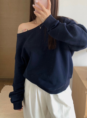 美式藏青色斜肩露肩长袖宽松大码T恤卫衣 女早秋一字肩慵懒风上衣