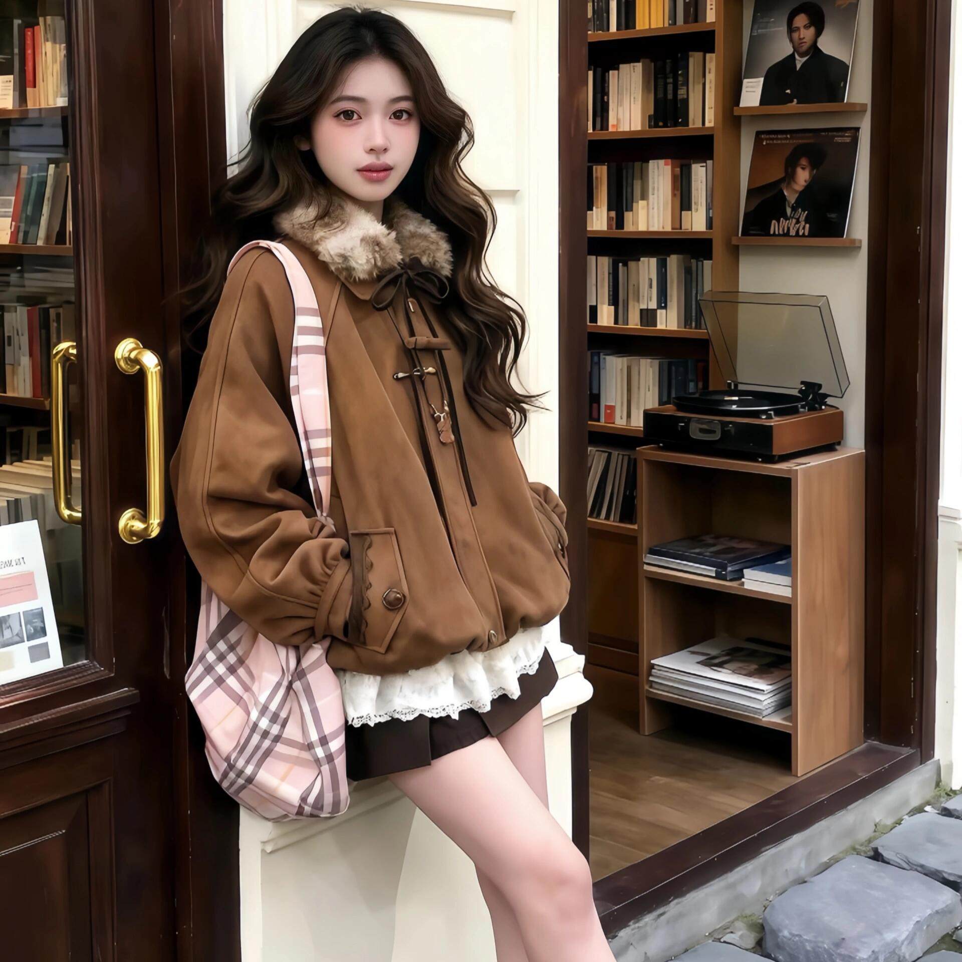 复古毛毛领皮绒棉服女2025新款冬季夹棉加厚保暖宽松棕色花苞外套