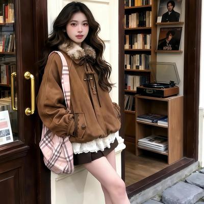 复古毛毛领皮绒棉服女2025新款